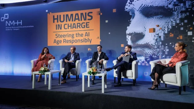 Participants of the 2nd panel discussion at the Humans in Charge AI conference: Maria Luciana Axente, László Drajkó, Imre Porkoláb, George Tilesch and moderator Krisztina Bombera. The symposium was held on 2 October 2023 in Hotel Helia, Budapest, Hungary.